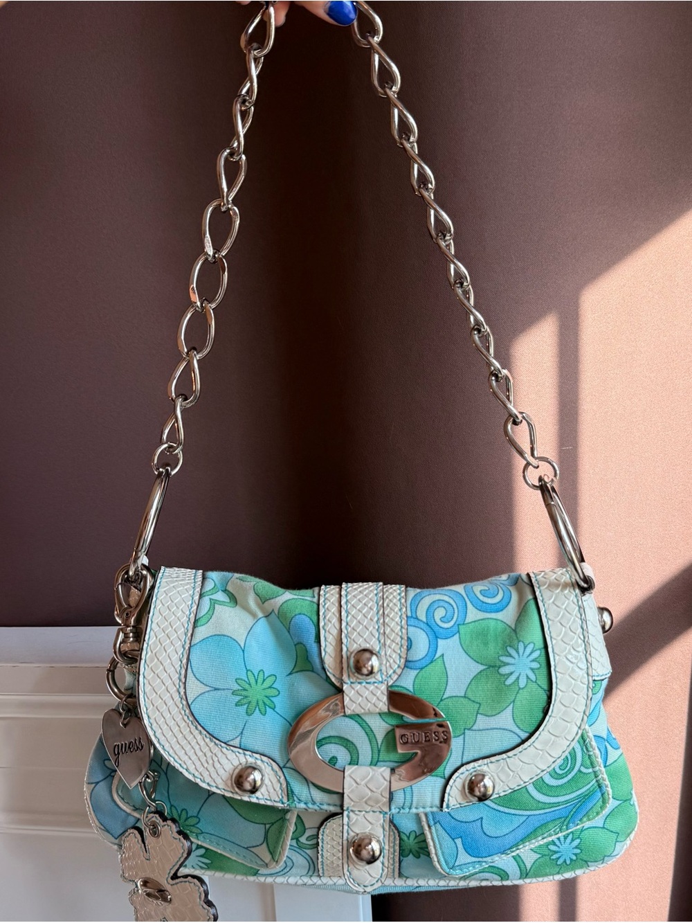 Vintage GUESS blue & green floral pattern shoulder bag